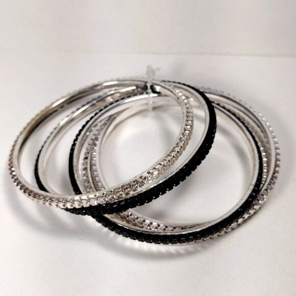 Set of 5 Silver-tone & Black Dainty Bangle Bracelets - Women's Fashion Jewelry - Picture 4 of 6
